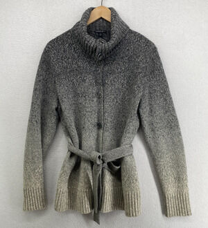 LAFAYETTE 148 Sweater L Merino Wool Ombre Cardigan Button Up Tie Belt Gray
